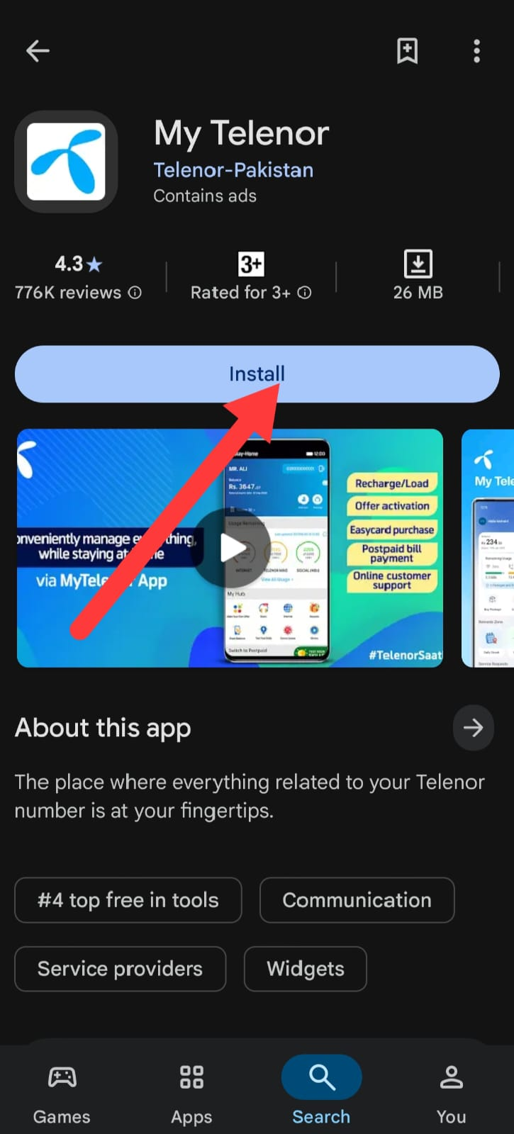 Open the official My Telenor app by Telenor Pakistan on Play Store — step 3