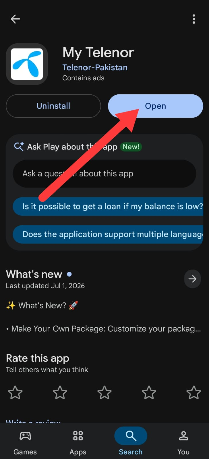 My Telenor App installation complete — open the application, step 5