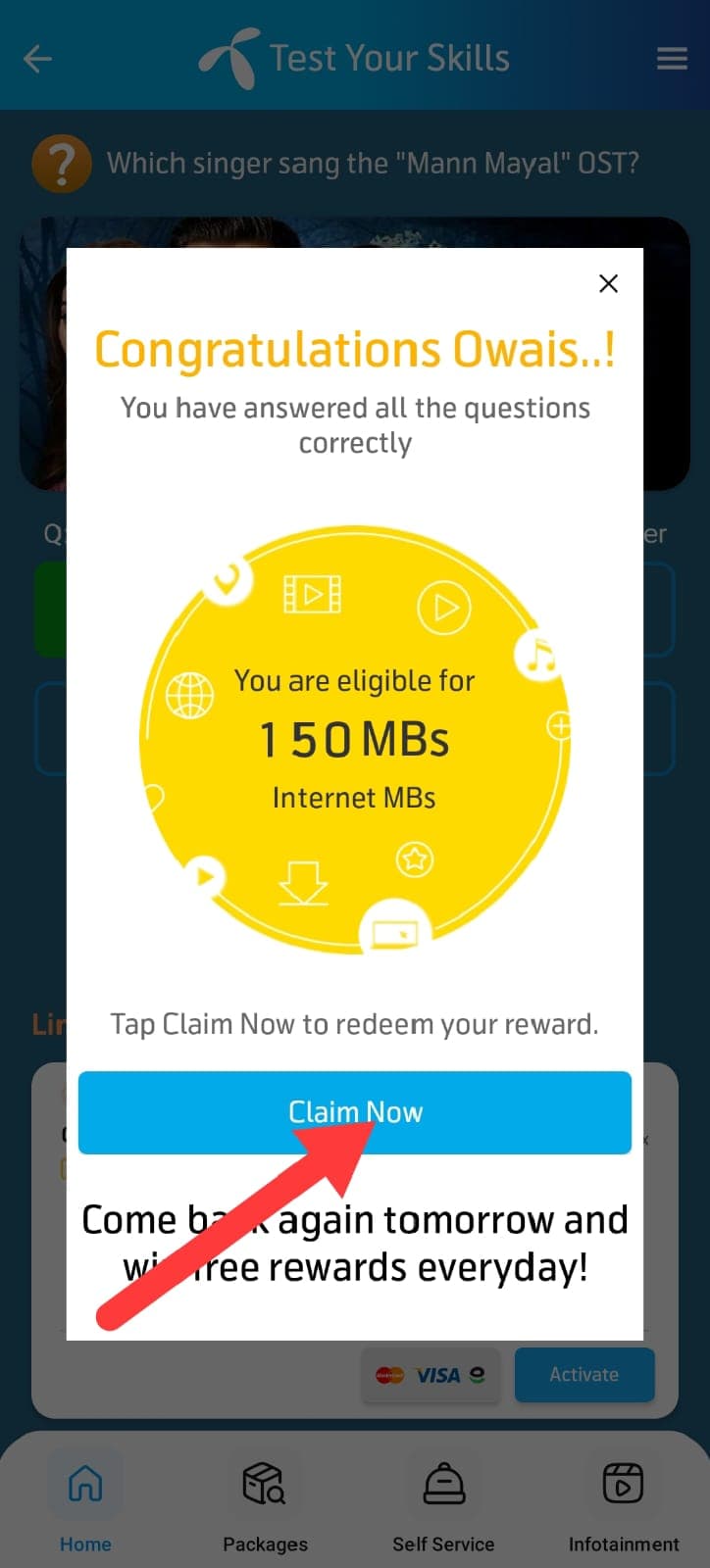 View correct answer verification and reward availability notification — Step 3b